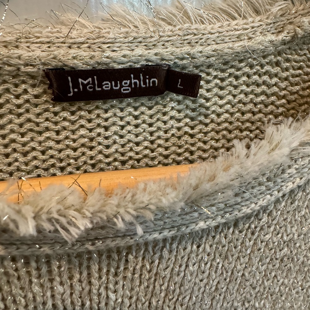 J. McLaughlin sweater with shimmering gold and fancy fringe detail
